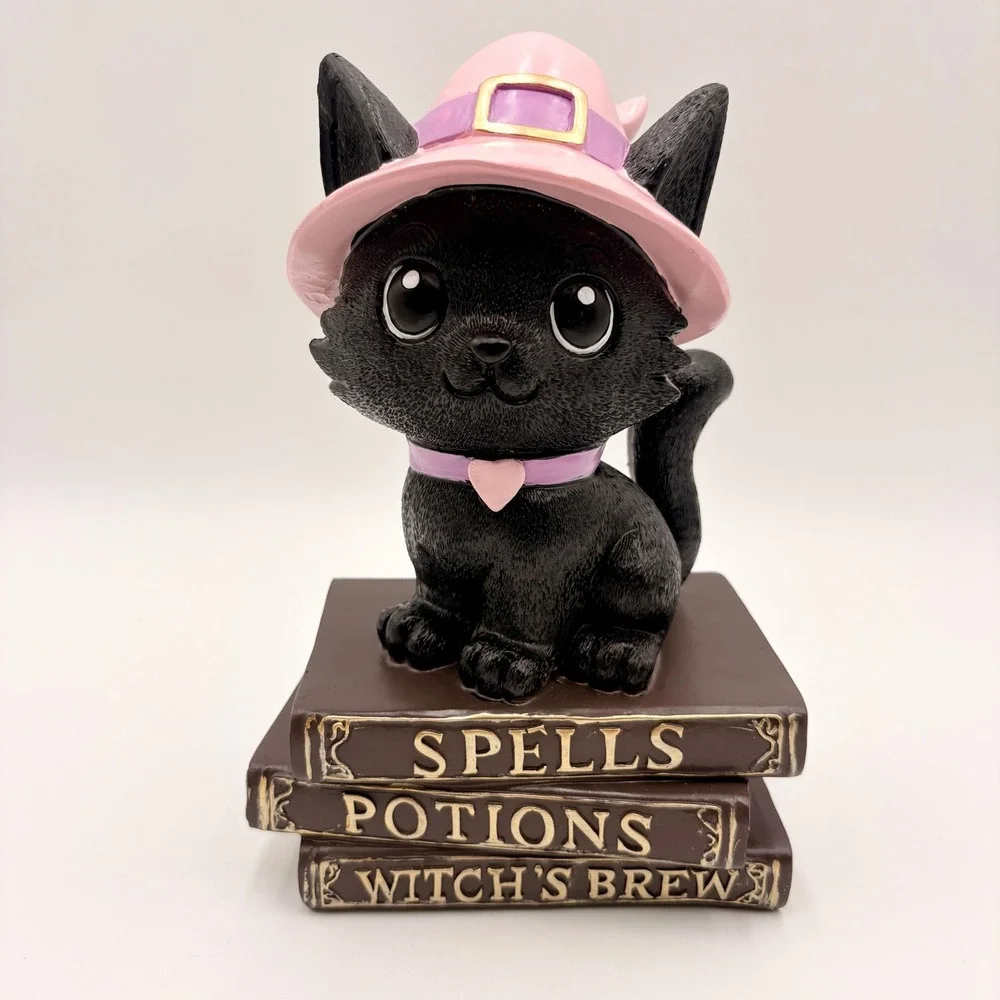 Halloween Black Cat Witch Figurine on Spell Books Pink Hat Spooky Cute Decor